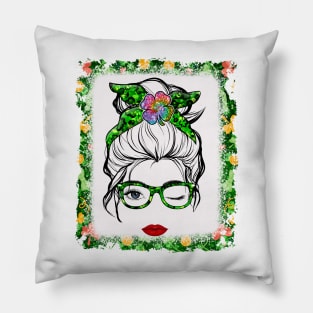 Leopard Messy Bun Shamrock St Patrick's Day Wink Eye Girl Pillow