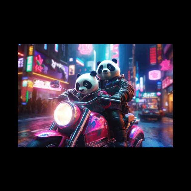 Panda Riders: A Futuristic Journey Through the Synthewave City by MerlinArt