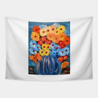 Some abstract vibrant colorful flowers in a glass vase with silver accent . Tapestry