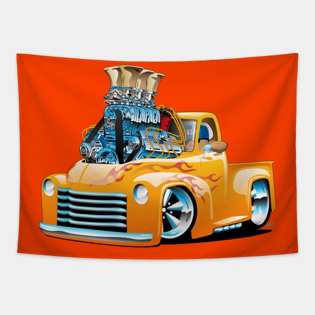 American Classic Hot Rod Pickup Truck Cartoon Tapestry by hobrath