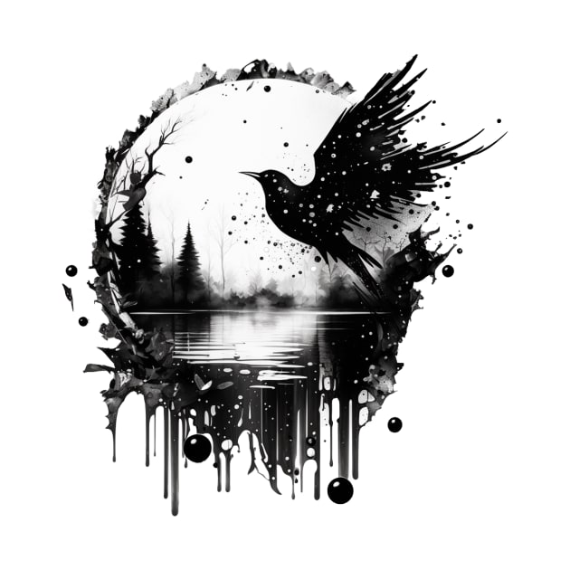 Monochrome Mystique: Ink Splatter Raven in Round Shadow Box by Scribbles2Baubles