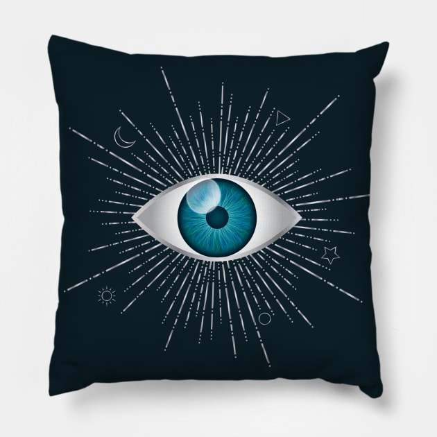 Aqua Blue Evil Eye Silver Eyelashes Sun Moon Star Nazar Mati Talisman Pillow by karenmcfarland13