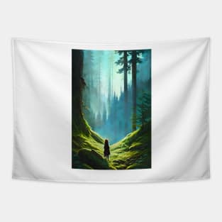 Greenish Anime Girl Morning Nature Forest Landscape Tapestry