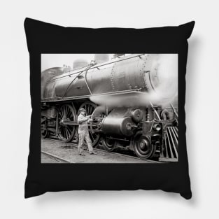 Engineer Oiling Locomotive, 1904. Vintage Photo Pillow