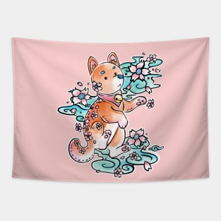 Shiba Inu with Cherry Blossoms in Watercolor Tapestry