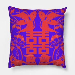 Traditional Chinese Paper Cutting Pattern - Hong Kong Retro Deep Purple with Red Symbol Pillow