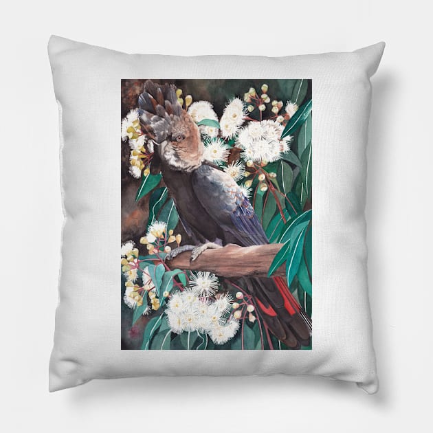 Black Cockatoo on Marri Tree Pillow by PollaPosavec