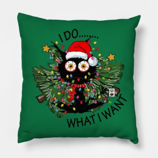 I Do What I Want - Funny Black Cat and Christmas Tree Pillow