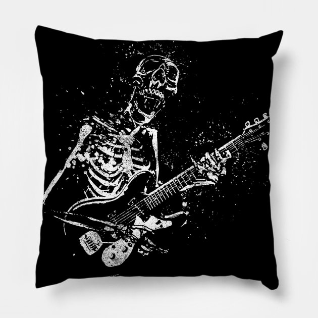 Guitar playing rock and roll skeleton Pillow by Cattle and Crow