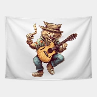 Summer Cat Dancing and Playing Guitar Tapestry