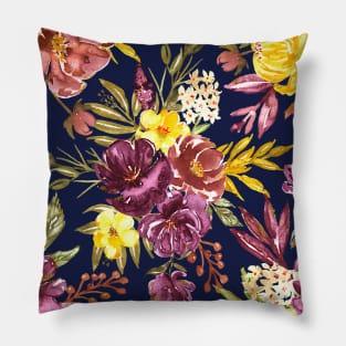 Burgundy Gold Foil Floral Pattern on Navy Blue Pillow