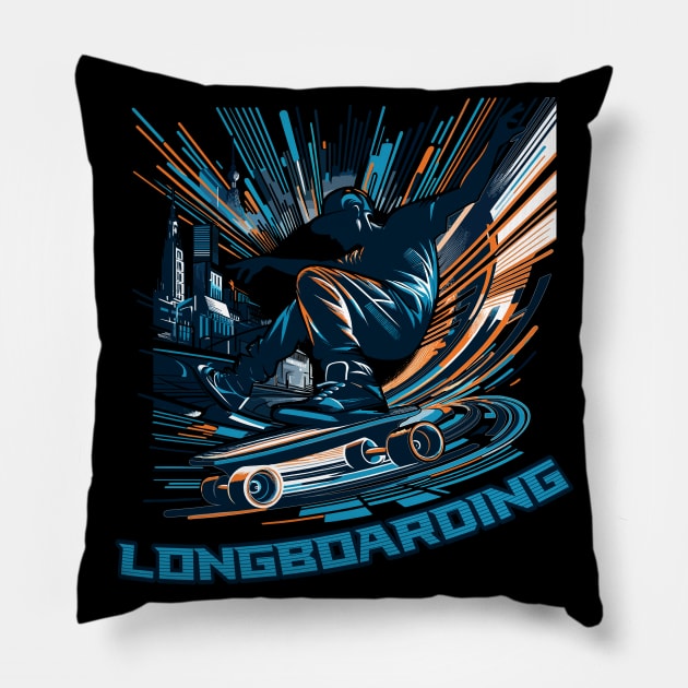 Longboarder On Skateboard Or Longboard Pillow by Primo Style