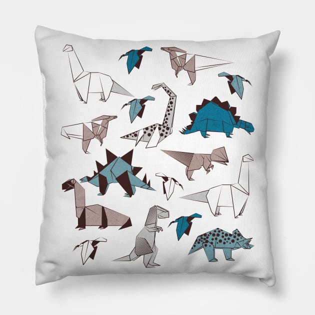 Origami dino friends // print // blue white and beige dinosaurs Pillow by SelmaCardoso