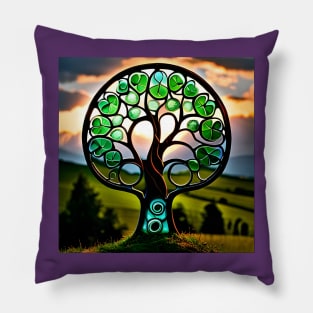 Shamrock Stained Glass Fantasy Tree at Sunset Pillow