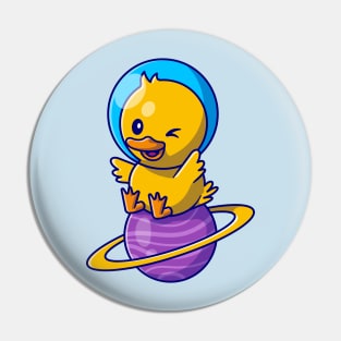 Cute Duck Astronaut Sitting On Planet Cartoon Pin