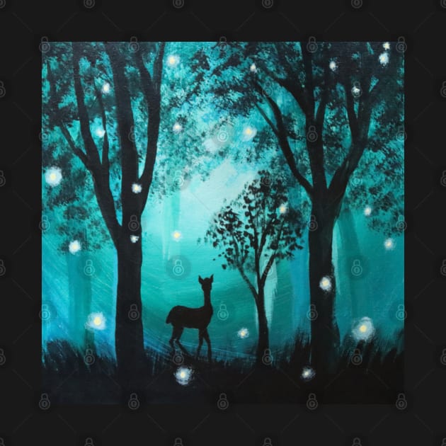 Teal Summer Night Deer  Firefly Fantasy Enchanted Forest by Tina