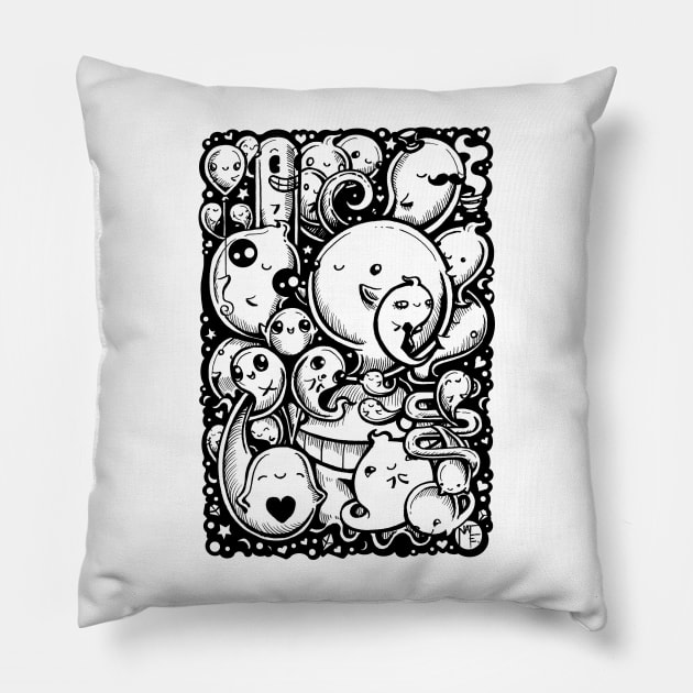 Lots of Little Ghosts - Black Outlined Version Pillow by Nat Ewert Art