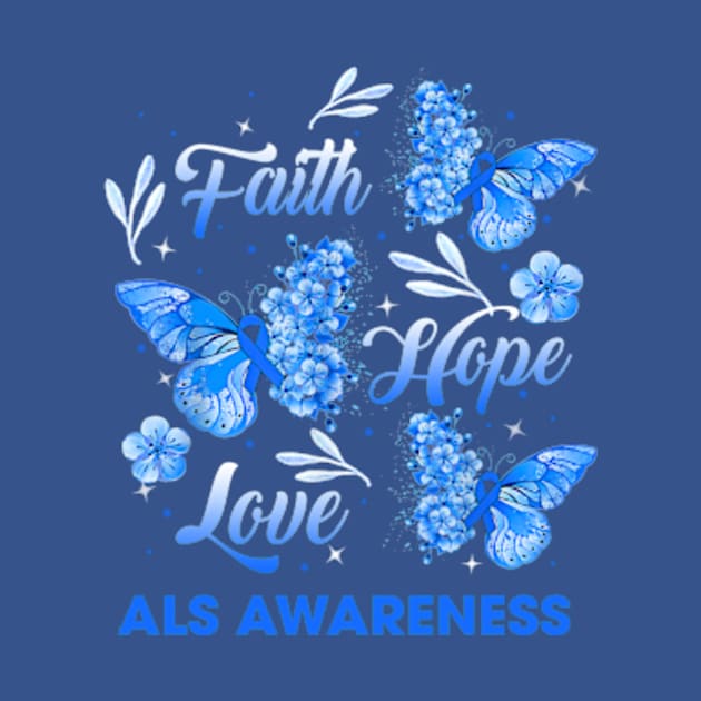 ALS Awareness Faith Hope Love Butterfly, Blue Ribbon by artbyGreen