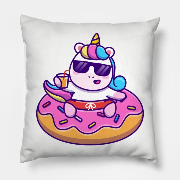 Cute Unicorn Swimming With Donut Balloon And Holding Juice Pillow by Catalyst Labs