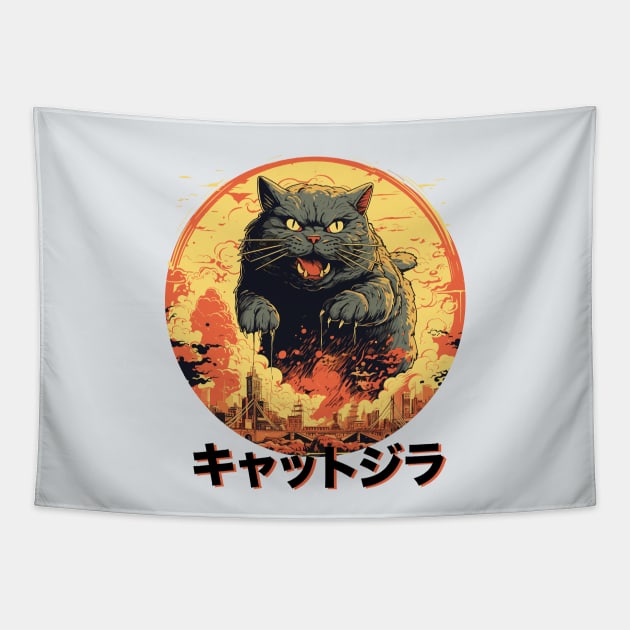 Catzilla Vintage Funny Cat Art Japanese Sunset Tapestry by Happy Lime