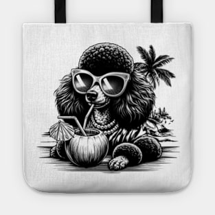 poodle dog wearing sunglasses drinking a coconut drink on a tropical beach Tote