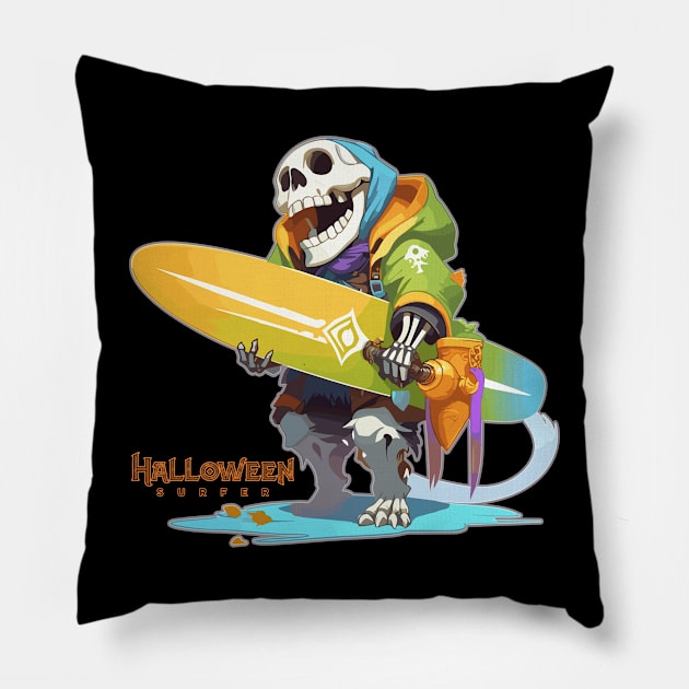 Halloween Beach Surfer Gnarly Skull Pillow by DanielLiamGill