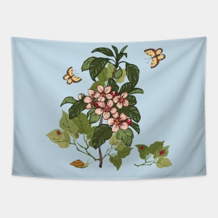 Botanical illustration of a plant, butterflies, snail and ladybugs Tapestry