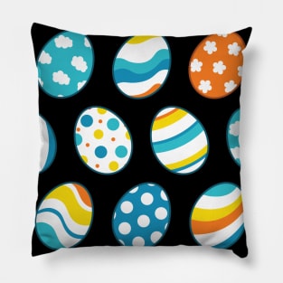 Egg Pattern | Blue Yellow Orange | Stripes Clouds Flowers Dots | Black Pillow