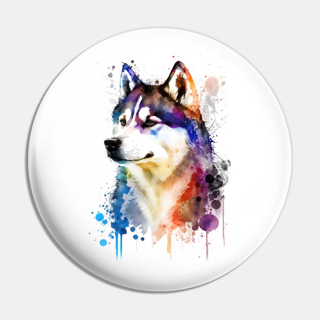 Rainbow Siberian Husky Watercolor Art Pin by doglovershirts