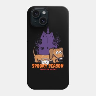 Funny and cute haunted house Doxie Dachshund during spooky season with scary house and trees Phone Case