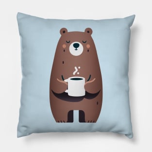 Cute Cartoon Bear with Warm Mug - Cheerful and Cozy Pillow