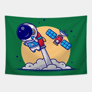 Cute Astronaut Flying with Rocket and Satellite Cartoon Vector Icon Illustration Tapestry