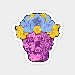 Pink Skull with Blue and Yellow Flower Crown Magnet