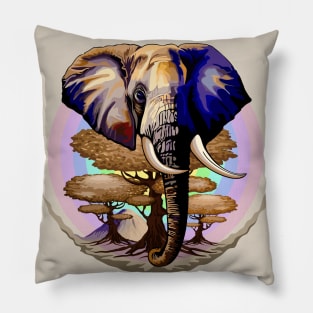 African Elephant, Acacias and Kilimanjaro Mountain on Soft Pastel Rainbow Pillow