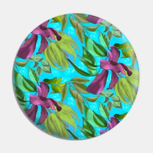 Blooming tropical flowers and leaves pattern floral illustration, aqua blue tropical pattern over a Pin