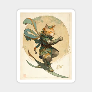 Fantasy Samurai Cat Surfer Art Nouveau Magnet