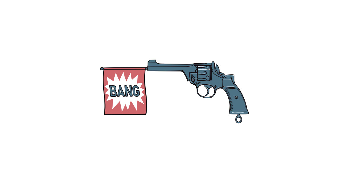 Toy gun shooting flag with word bang Bang Sticker TeePublic