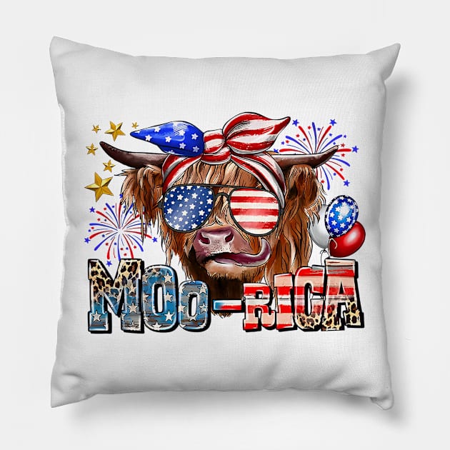 American Cow, Western 4th Of July Cow, American Flag, Sunflower Cow Pillow by kumikoatara