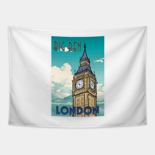 Big Ben Retro Travel Poster Tapestry by Sarahmw