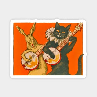 A cat playing the banjo and the musical rabbit accompanying it, a pair of cheerful and musical animals. Vintage drawing Magnet