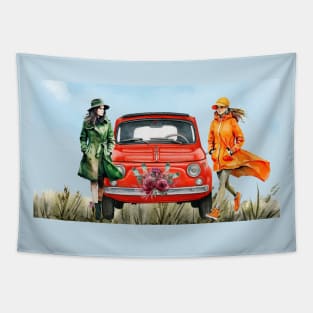 Vintage landscape and fashionable girls Tapestry