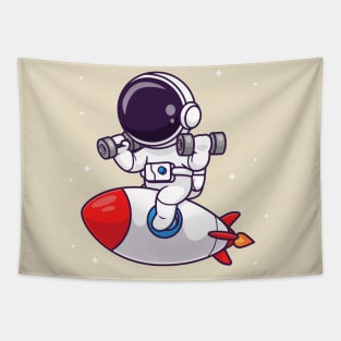 Cute Astronaut Lifting Dumbbell On Rocket Cartoon Tapestry