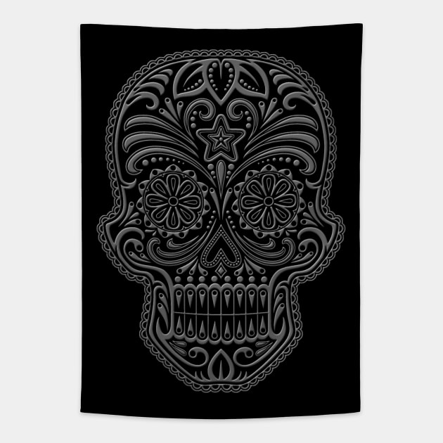 Intricate Gray and Black Sugar Skull Tapestry by jeffbartels