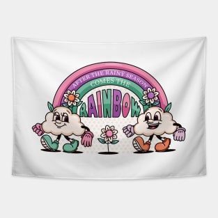 Rainbow and a pair of clouds fun cartoon mascots Tapestry