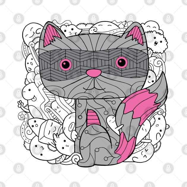 Doodle Raccoon Dark Grey Pink Colour with Doodle Background by ActivLife