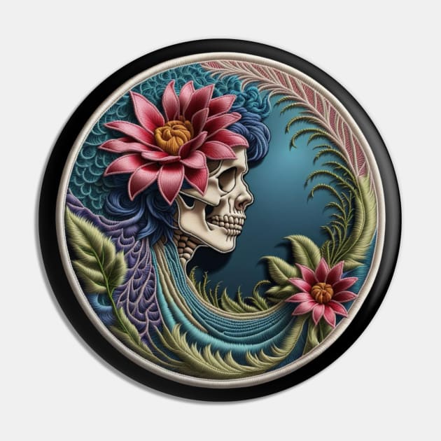 Floral Grateful Skeleton Embroidered Patch Pin by Xie