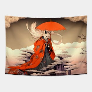 Kitsune: The Japanese Fox of Yōkai Japanese Folklore on a Dark Background Tapestry