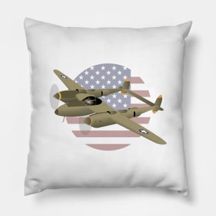 WW2 P-38 Lightning Airplane with US Flag Pillow