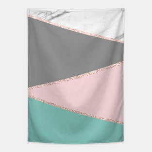 Gray Marble Rose Gold Stripe and Turquoise Geometric Tapestry