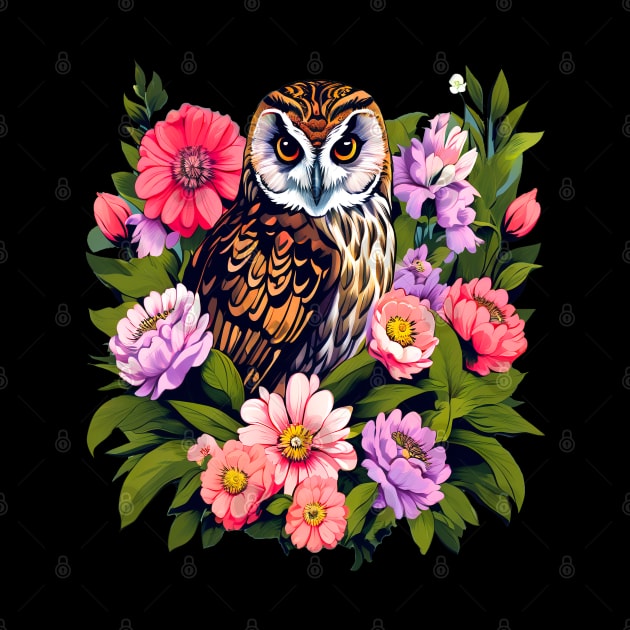 A Cute Short Eared Owl Surrounded by Bold Vibrant Spring Flowers by BirdsnStuff